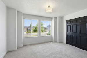 Spacious room featuring light gray walls, two large windows with white trim, dark paneled closet doors, a neutral carpet, and a ceiling-mounted drum light fixture