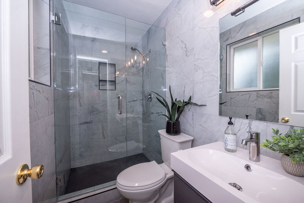 Modern bathroom featuring a glass-enclosed shower with contrasting dark floor tiles and built-in shelving