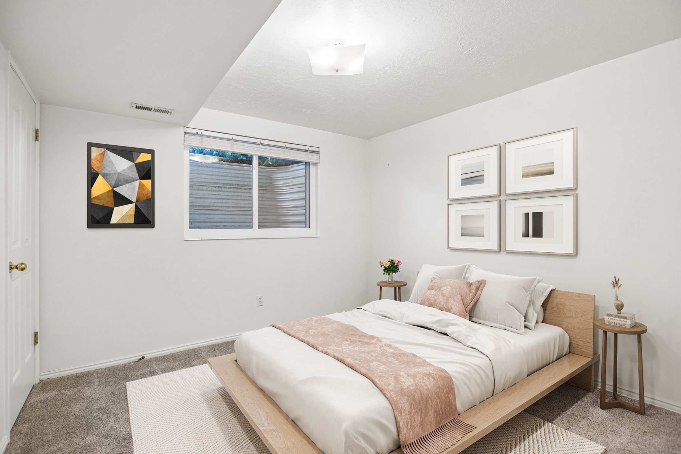 Bedroom featuring light gray walls, plush gray carpet, and a white window with a privacy blind