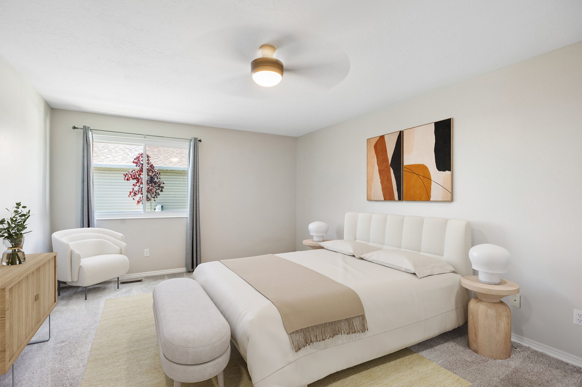 Neutral wall tones with a wood-finish ceiling fan and a window with blinds