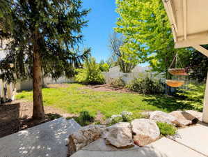 View of backyard, shed, and garden boxes