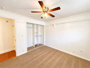 Unfurnished bedroom featuring carpet flooring, a closet, a ceiling fan, and ornamental molding