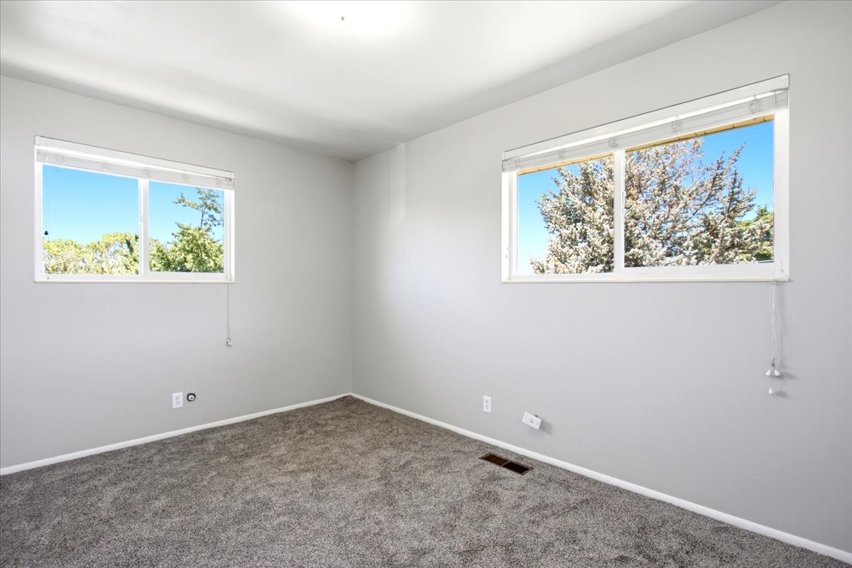 Bright room featuring two windows, light gray walls, dark gray carpet, white trim, and a white ceiling
