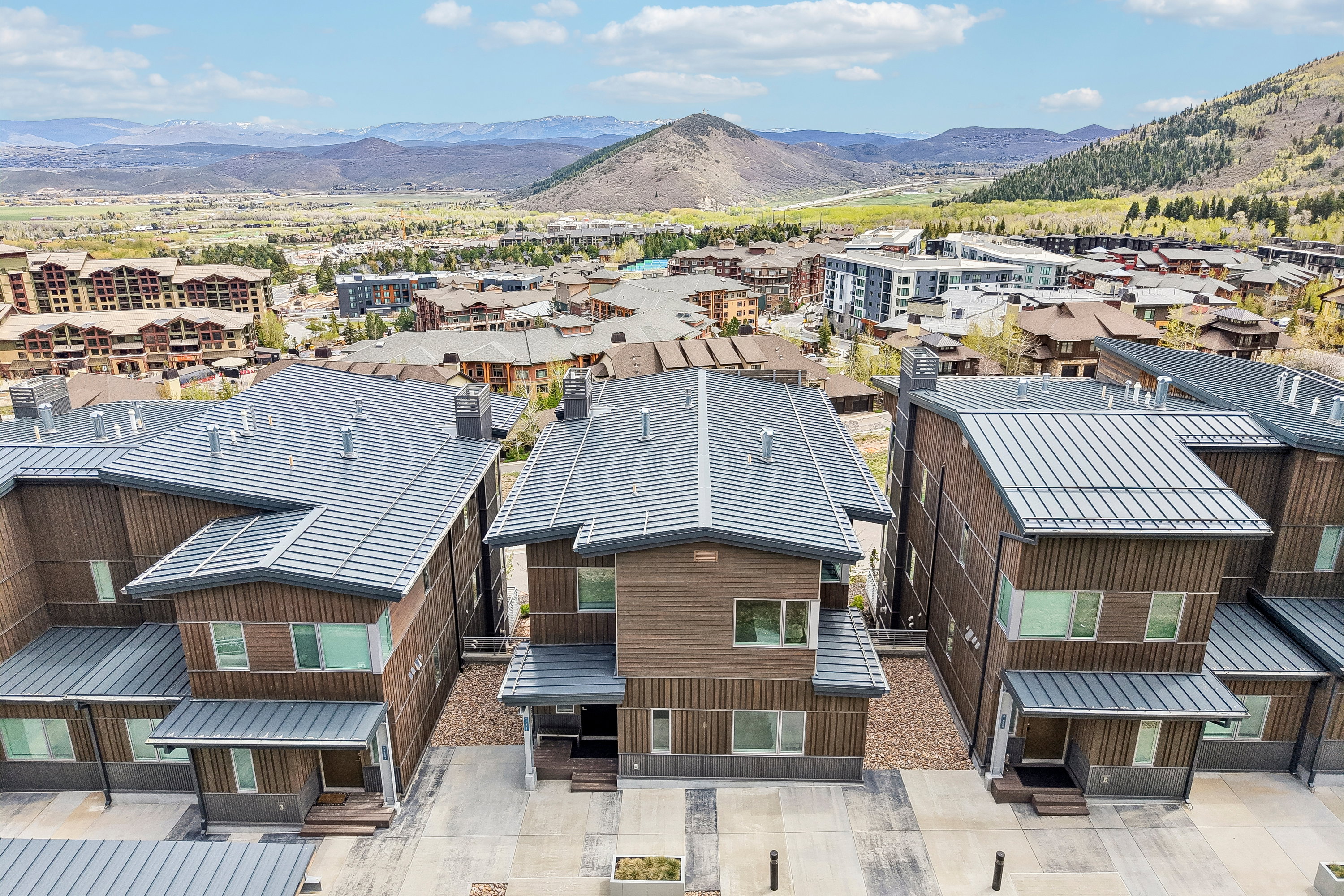 Modern architectural design featuring vertical wood siding and dark grey metal roofing