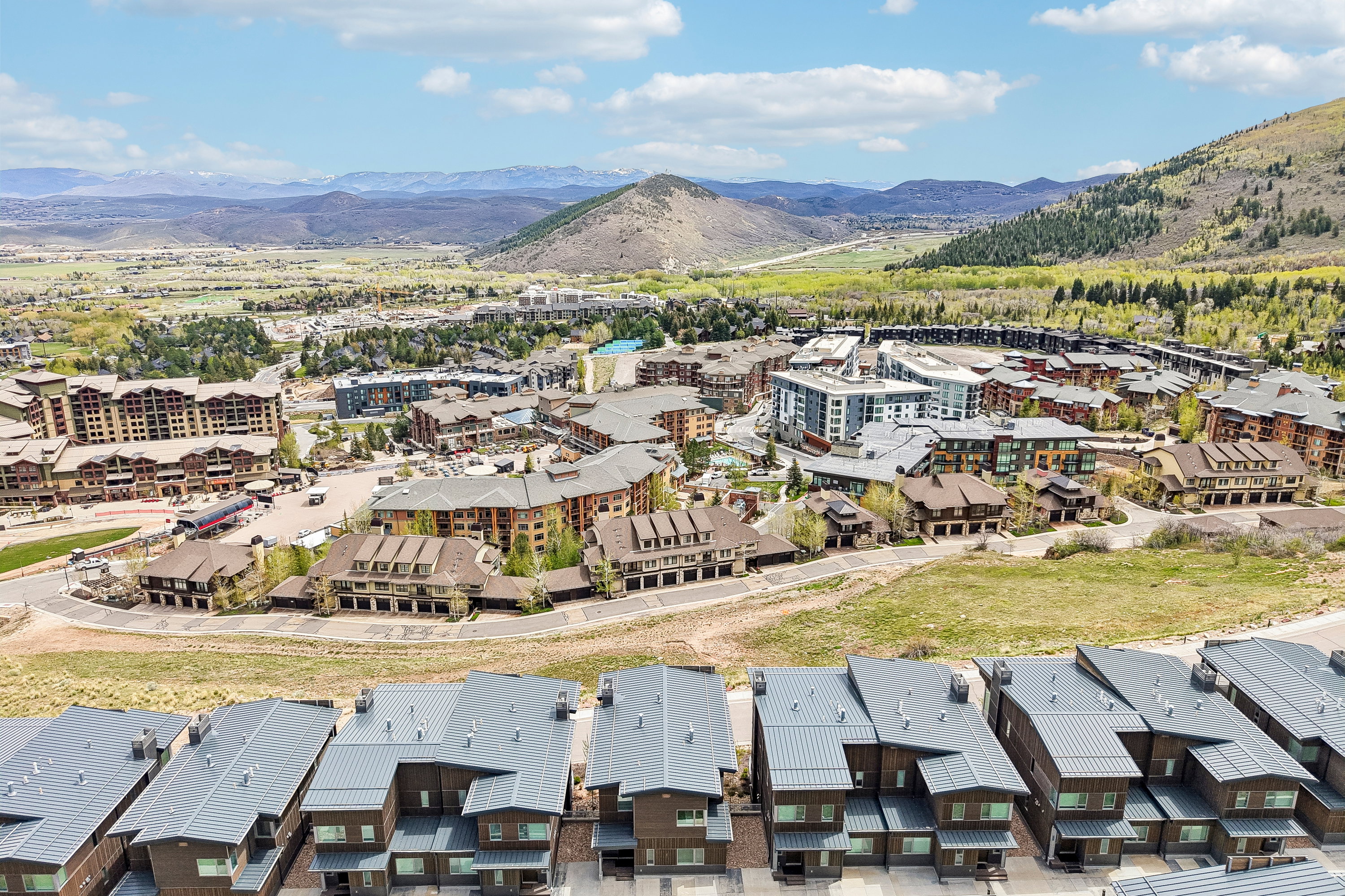 Aerial perspective showcasing a vibrant community with varied architectural styles