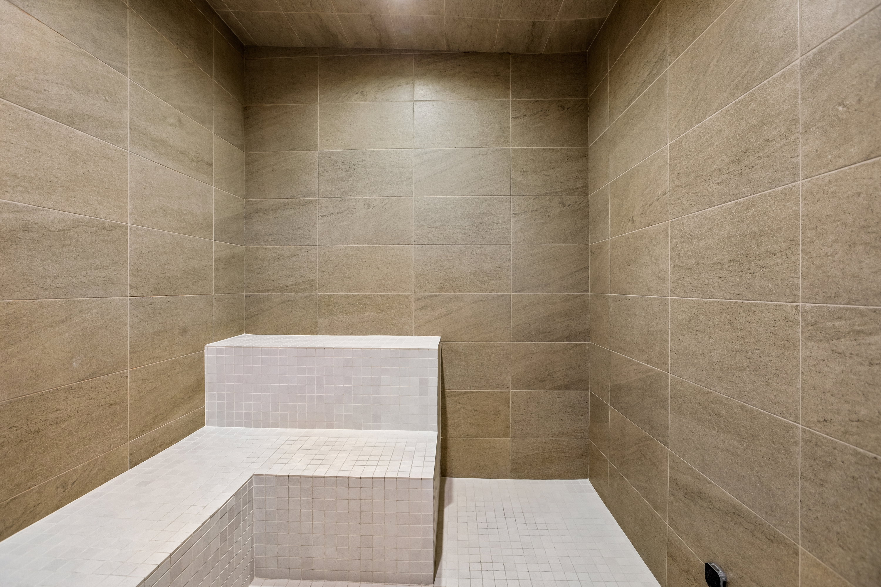 Tiled steam shower with integrated bench seating