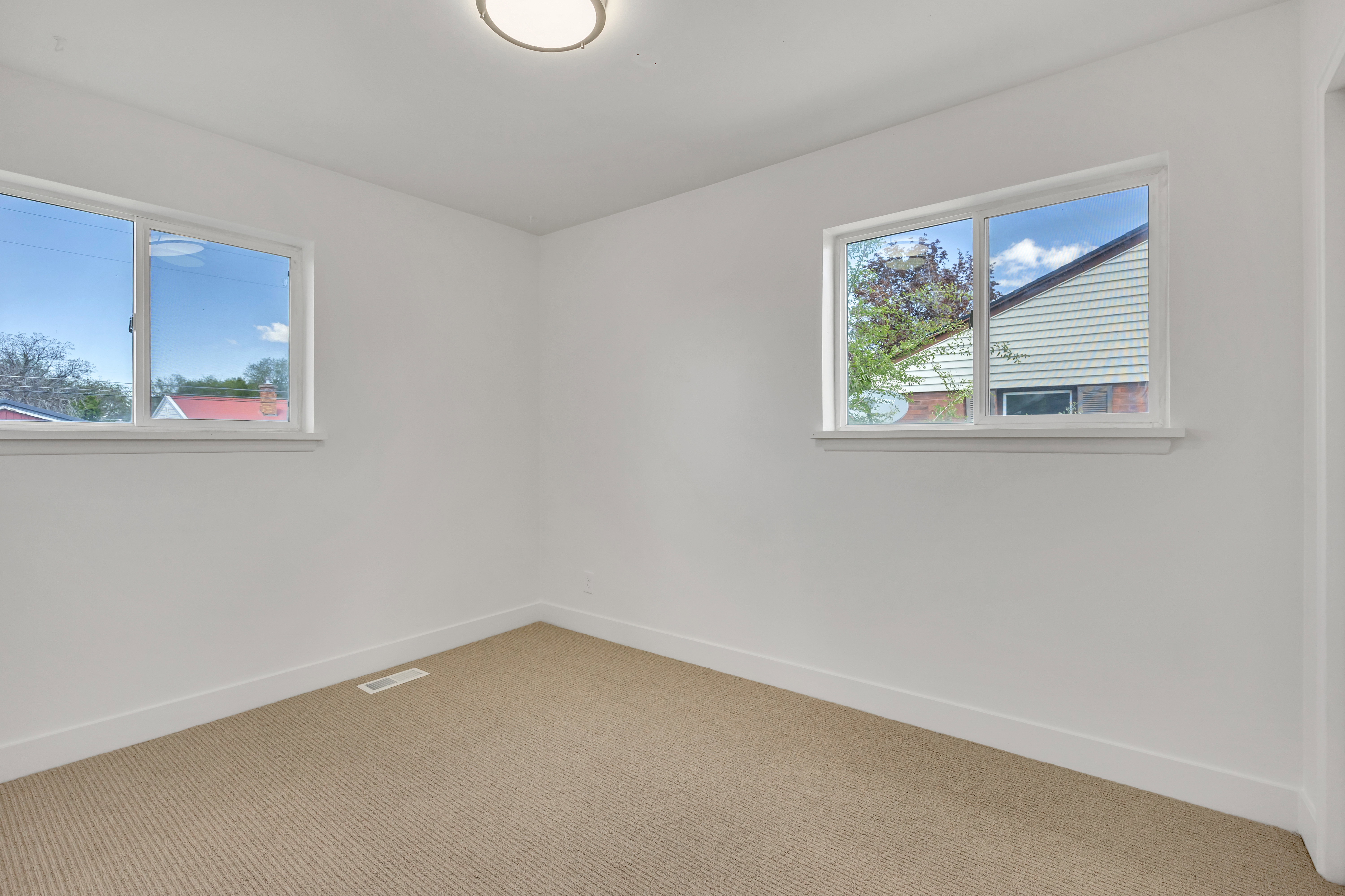 Neutral-toned carpeting paired with white walls, baseboards, and window trim