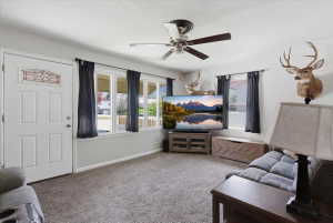 Living area featuring carpeted flooring and light grey wall paint