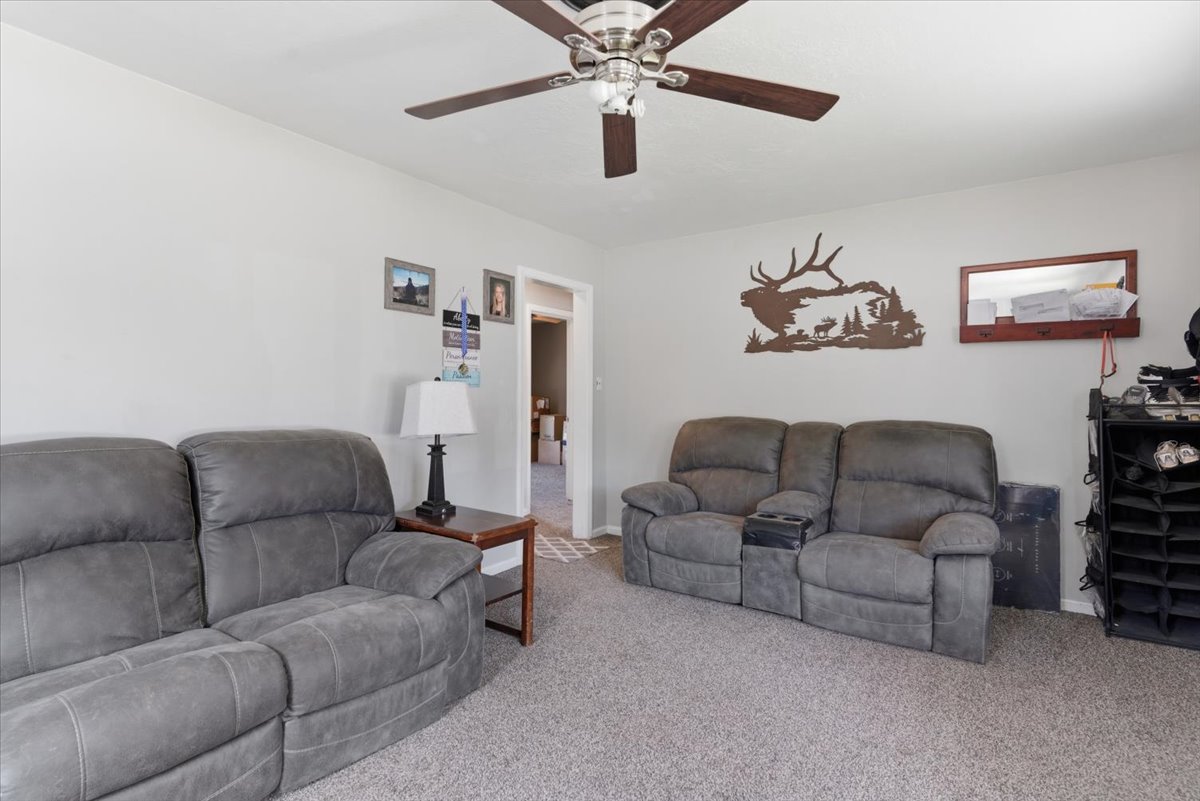 Living area featuring carpet flooring, light-toned walls, and a ceiling fan with wood-finish blades