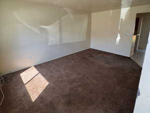 Spacious interior room featuring neutral wall paint, textured ceilings, and brown carpeting