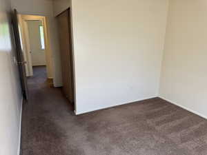 Neutral tone wall paint with brown carpet flooring, featuring a closet with sliding doors and a white baseboard trim