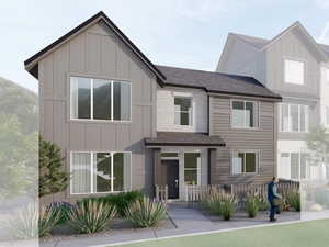 Modern facade featuring board and batten siding, horizontal siding, and light-colored brick accents