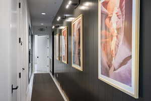 Hallway featuring dark vertical shiplap paneling, track lighting, recessed lighting, and a white interior door with matte black hardware