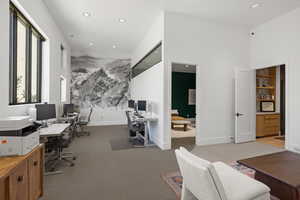 Spacious room featuring a mountain-themed accent wall, recessed lighting, and high ceilings