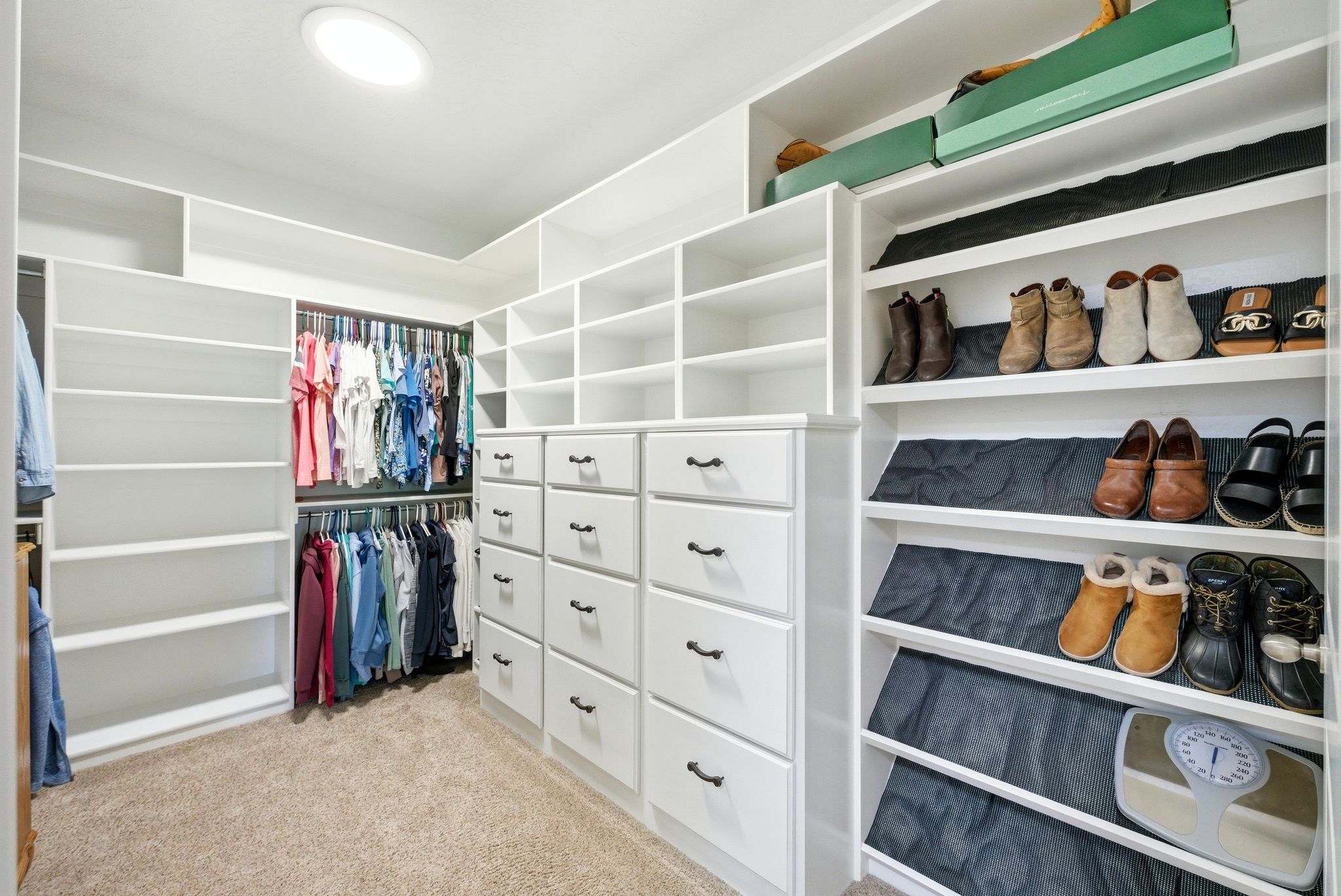 Walk in closet with light carpet