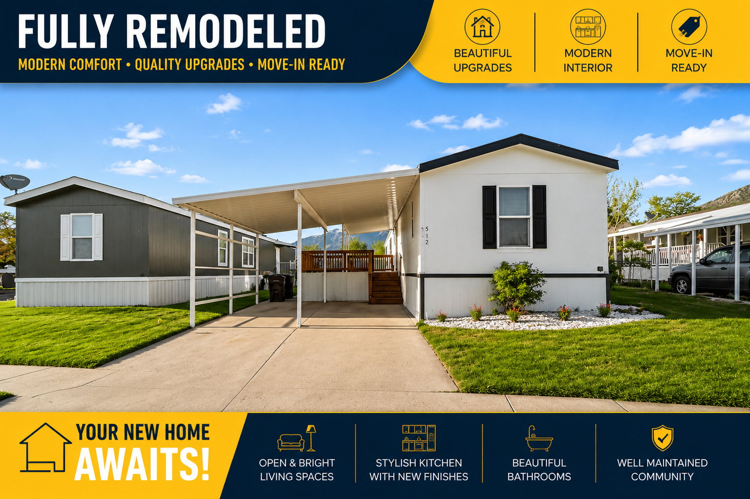 Real Estate Listing Flyer. Presenting the property's exterior and interior enhancements