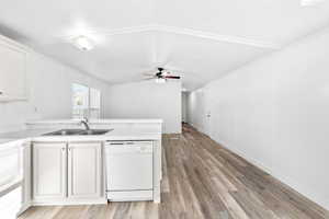 Kitchen area featuring white cabinetry, a double basin sink with a chrome faucet, and a built-in white dishwasher