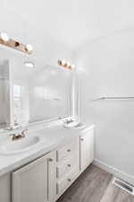 Double vanity featuring white cabinetry and integrated sinks with brushed nickel faucets