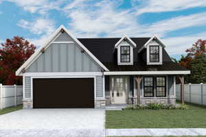 Craftsman-style exterior featuring light blue siding, board-and-batten gable accents, a dark metal roof, and stone facade details