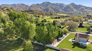 Property featuring a traditional-style residence with a chimney, expansive green lawn, mature trees, and a white fence