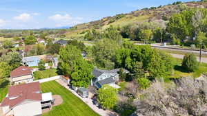 Aerial perspective showcasing a residential property with a light blue exterior and dark roof, surrounded by mature trees