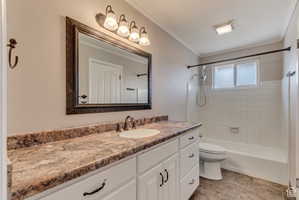 Bathroom with vanity,  shower combination, and ornamental molding