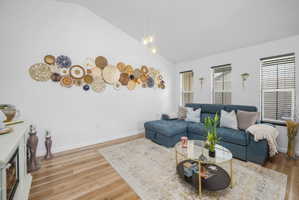 Living area featuring vaulted ceilings, wood-finish flooring, and multiple windows with blinds