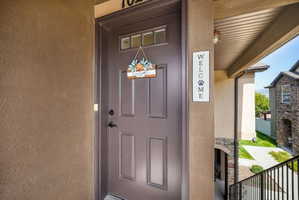 Front entrance featuring a paneled door with transom windows, stucco exterior, and an overhead porch light