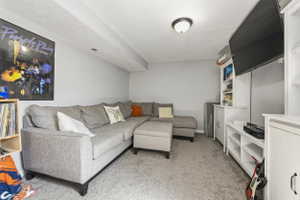 Carpeted recreation area featuring recessed lighting, light gray walls, and white built-in shelving units