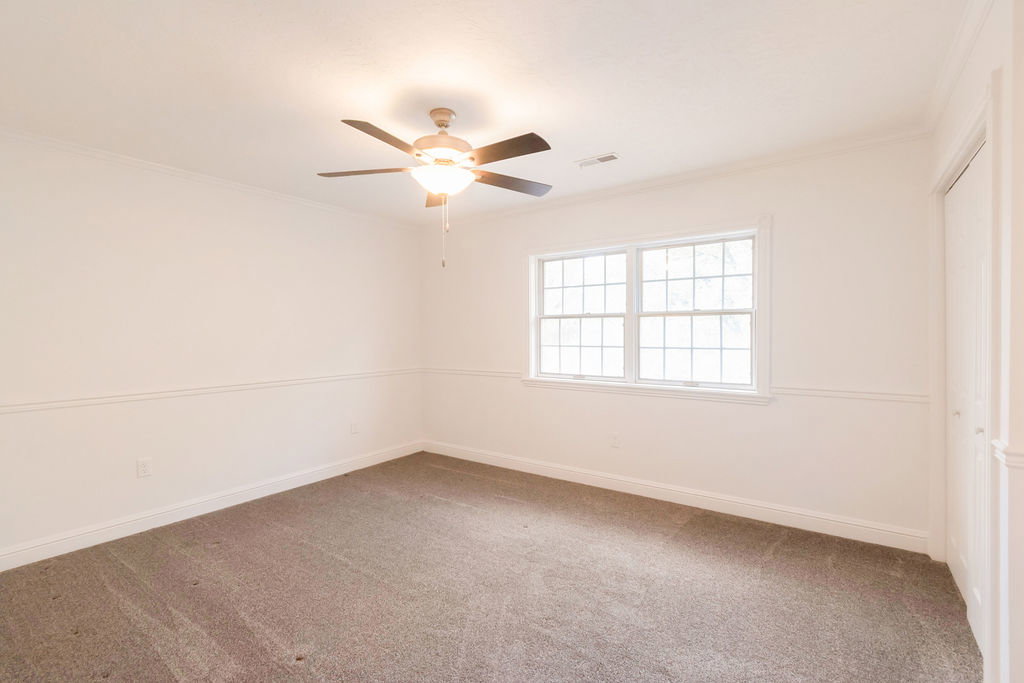 Neutral wall paint, gray carpet, and white trim