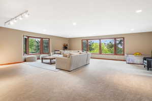 Spacious room featuring neutral carpeting, a large bay window, and a wall of additional windows with wood-finish trim