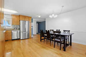 Open concept kitchen and dining area with wood-finish flooring