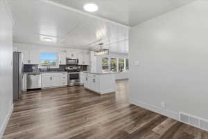 Kitchen featuring white cabinetry, included stainless steel appliances, a center island, vinyl flooring, and a dark tile backsplash