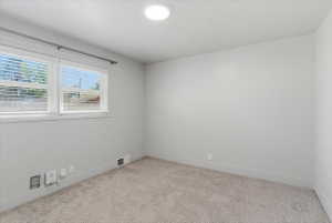 Bright bedroom featuring large windows with blinds, light gray walls, a flush-mount ceiling light, light-colored carpeting, and white baseboards
