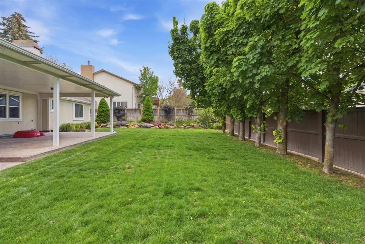 Expansive lawn area featuring a covered patio, mature trees lining a privacy fence, and landscaped garden beds