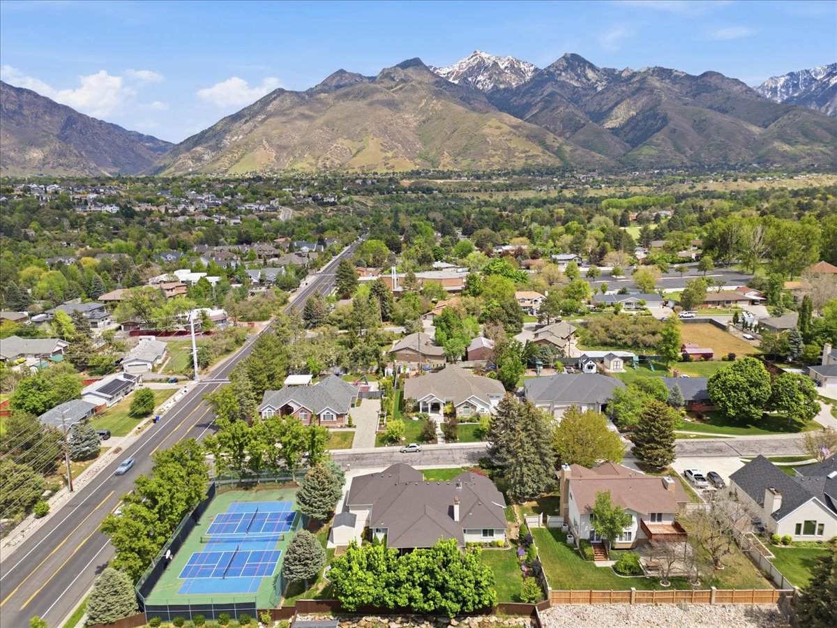Expansive neighborhood with mature trees and snow-capped mountains