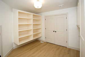 Built-in shelving unit with multiple tiers, light wood-finish flooring, white double doors with black hardware, and overhead lighting fixture
