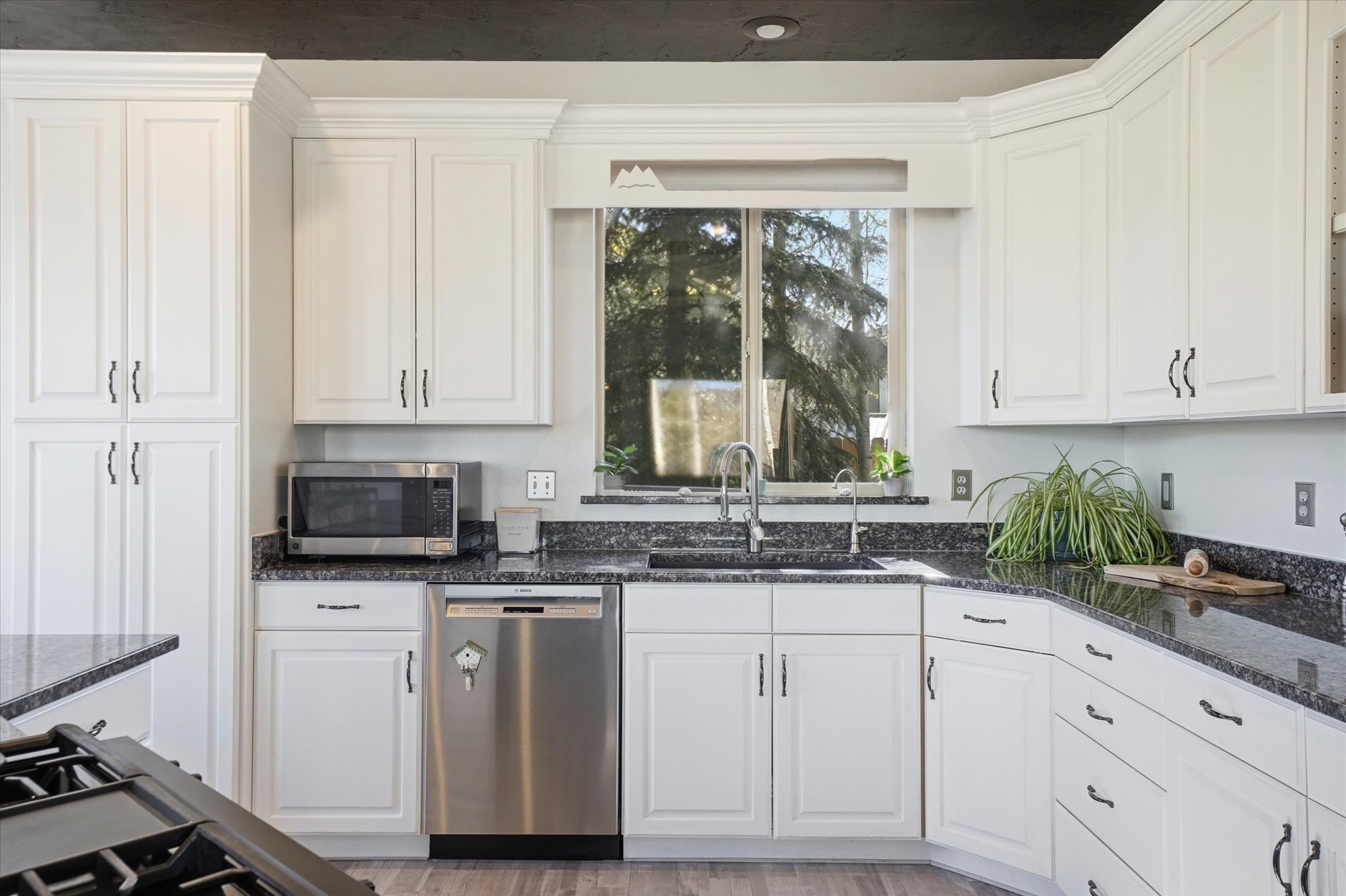 Kitchen featuring white cabinetry, granite countertops, and stainless steel appliances