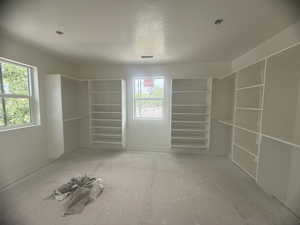 Spacious room featuring custom built-in shelving, dual windows providing ample natural light, and recessed ceiling lighting