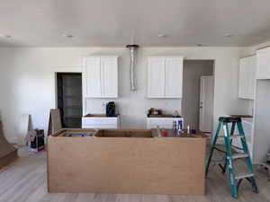 Kitchen space featuring light wood-finish flooring and recessed ceiling lighting