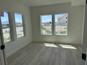 Room featuring light wood-finish flooring, white walls, and multiple windows