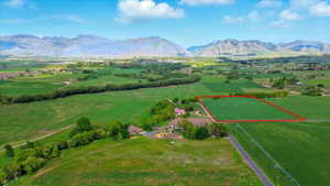 Expansive agricultural land featuring a visible parcel boundary, surrounded by additional green acreage and a paved road
