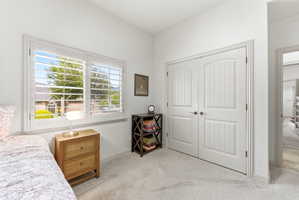 Double-door entry with arched top panels, a window with plantation shutters, and light-toned wall-to-wall carpeting