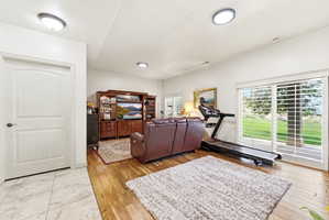 Sliding glass doors with internal blinds provide access to the exterior