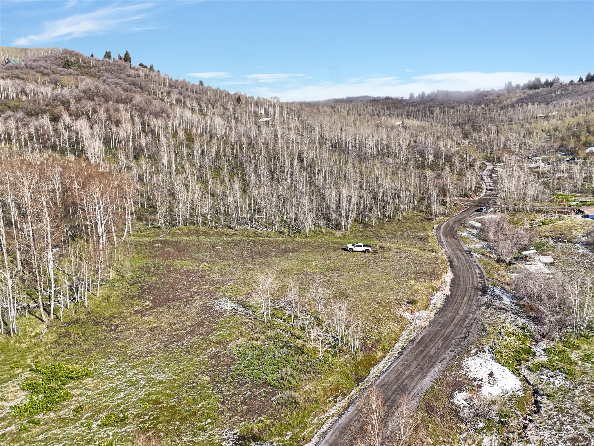 Expansive undeveloped lot featuring a winding dirt road and natural vegetation