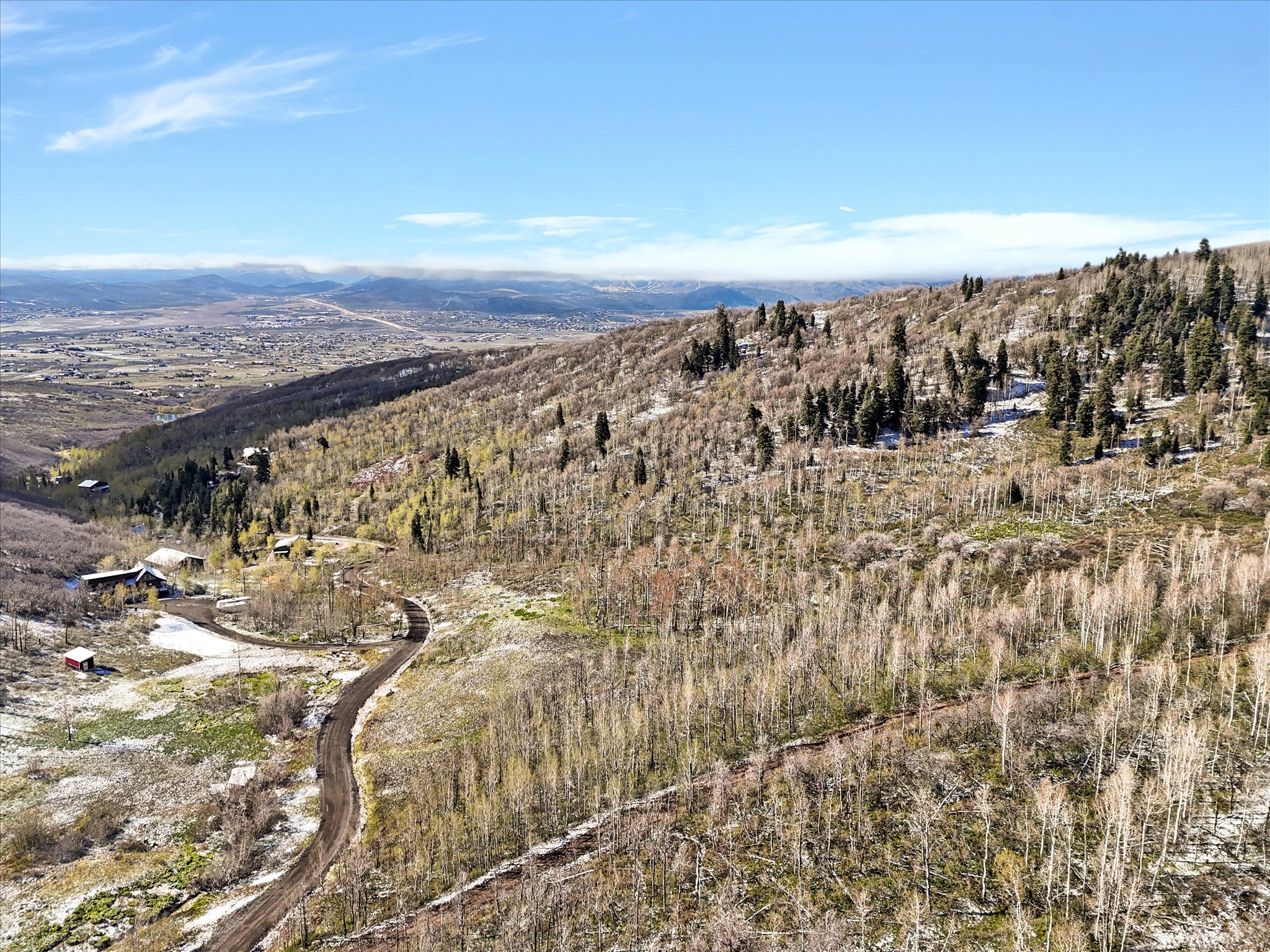 Expansive mountainous terrain featuring diverse tree coverage, including evergreen and deciduous varieties