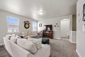 Spacious living area featuring light gray wall paint, multiple windows with blinds, a built-in entertainment console, and gray carpeting