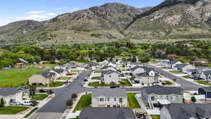 Residential development featuring a variety of home styles, manicured lawns, and paved streets