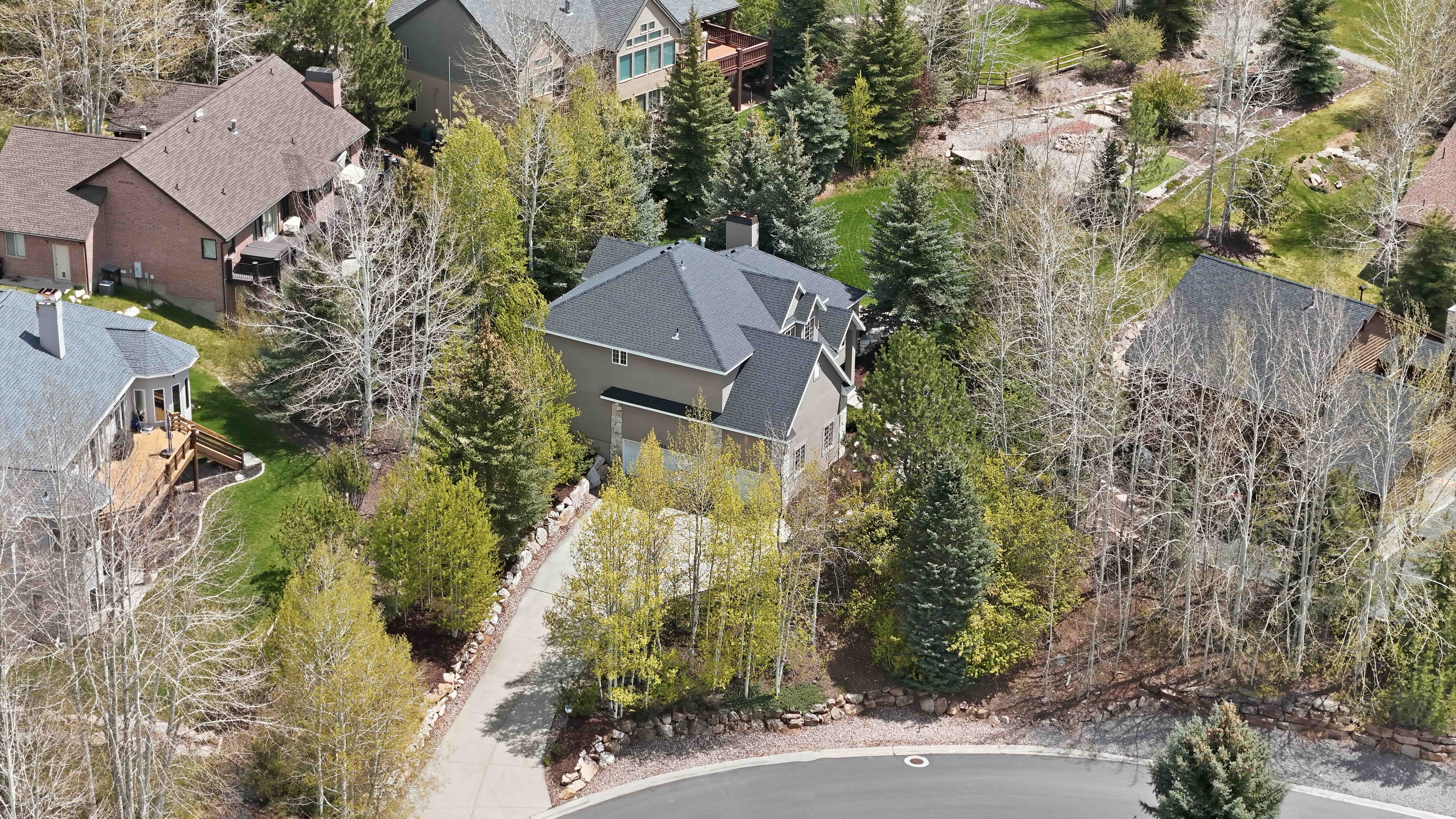 Terraced property featuring a paved driveway, mature evergreen trees, deciduous trees, and a sloped terrain