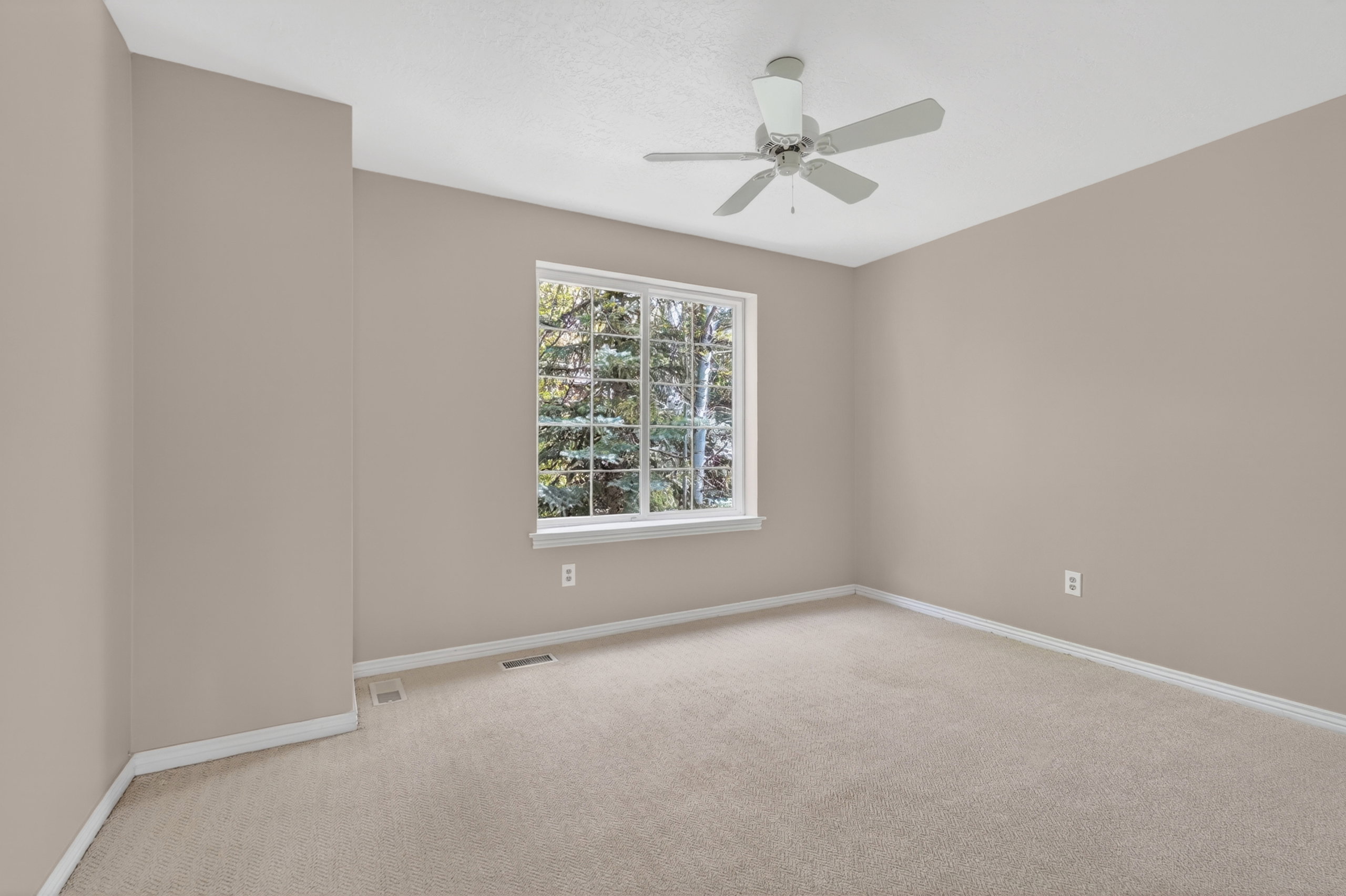 Neutral-toned walls complement plush carpeting